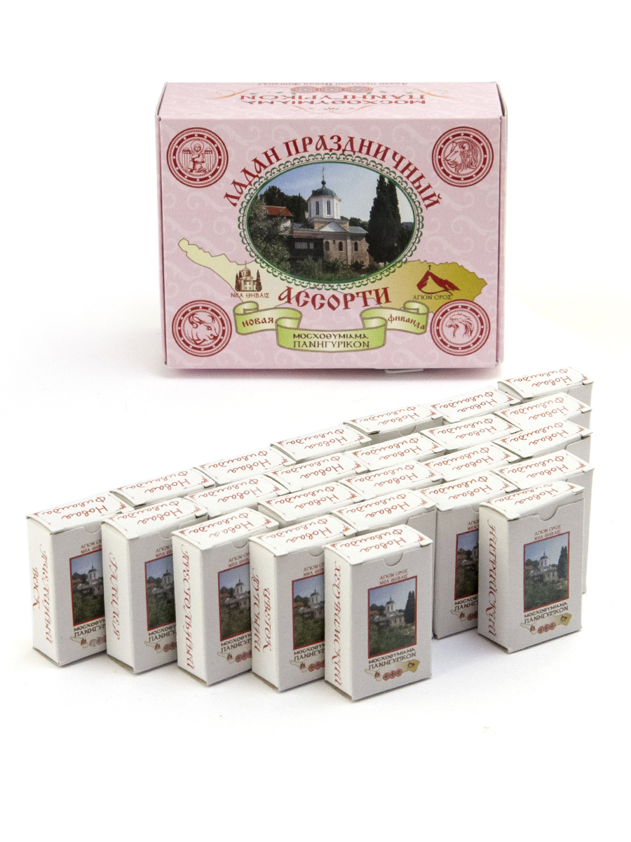 

Ладан Афонский праздничный Ассорти 24 штуки по 10 грам в коробочке Пустынь Фиваида Русского Пантелеимонова монастыря