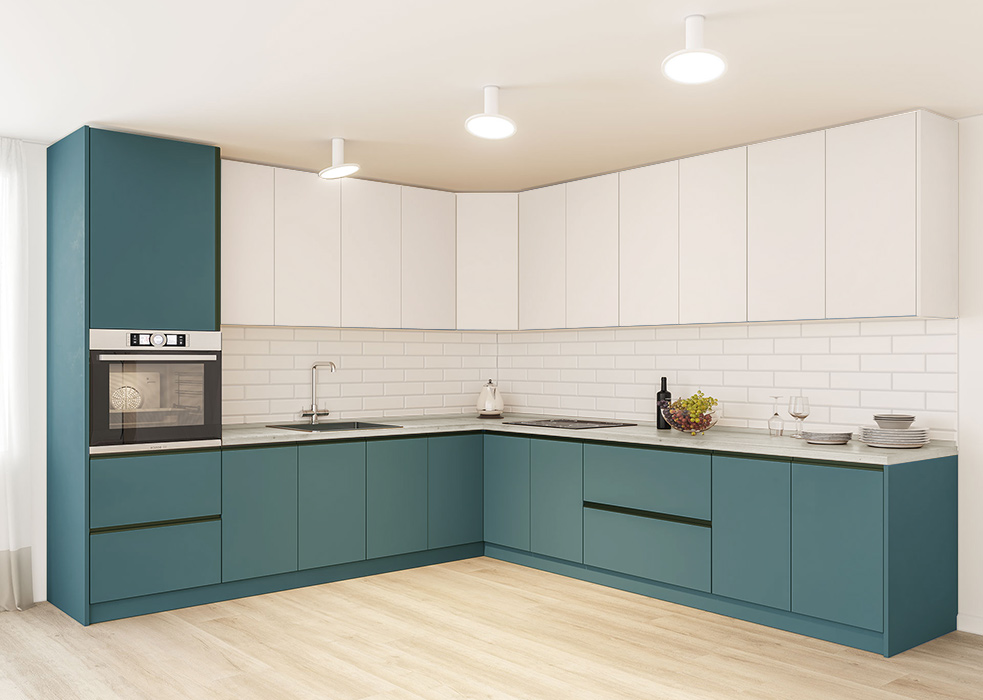 

Кухня угловая София 280 х 300 - низ Бензин - верх Белый - комплект из 18 элементов без столешницы и мойки