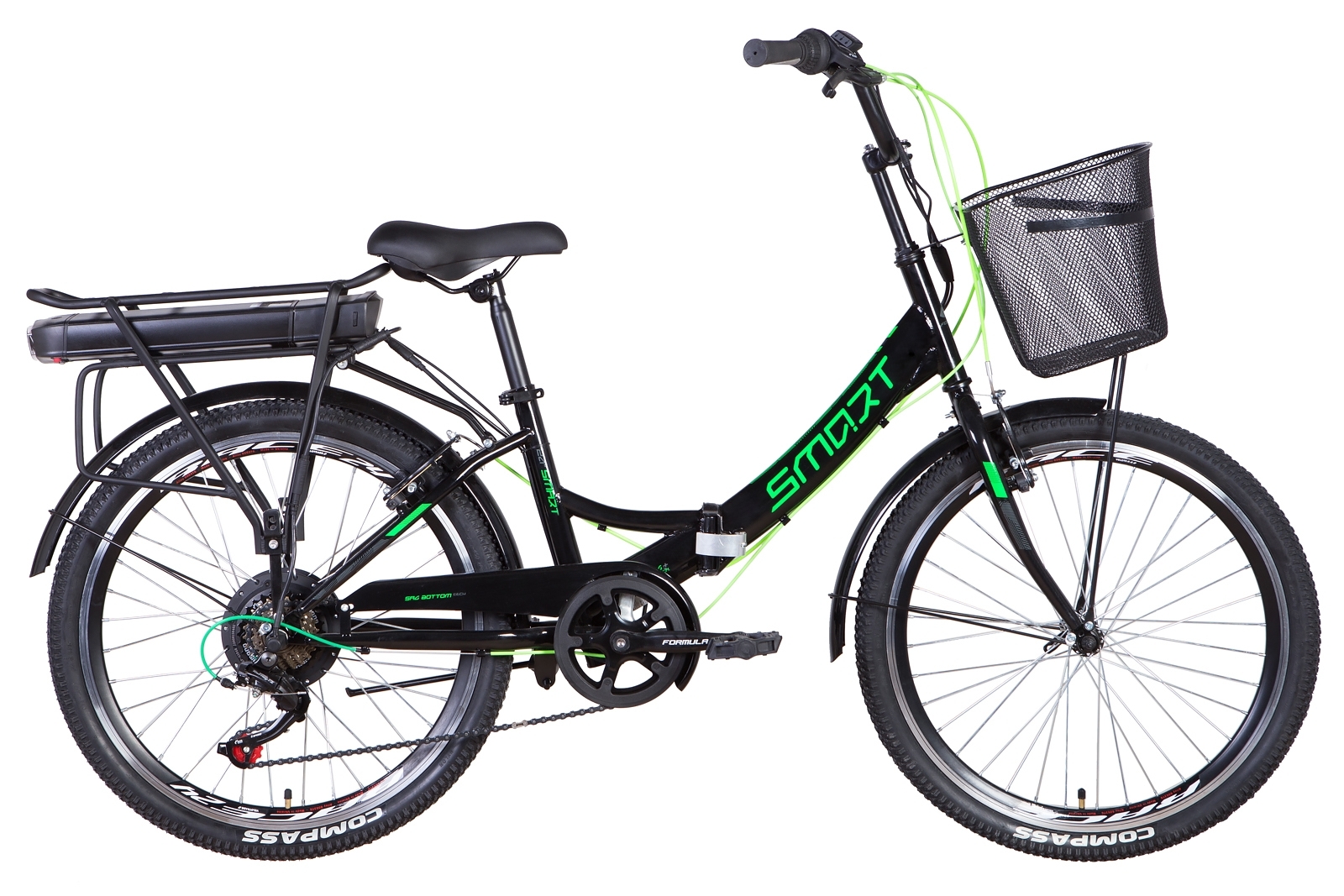 

Электровелосипед 24" Formula SMART 15" 350Вт 36В задний привод, батарея на багажник 12,5Ач, черно-зеленый 2022