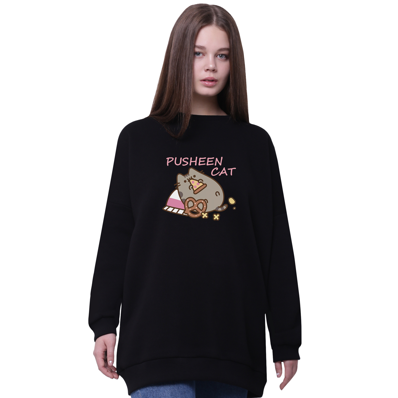 

Свитшот для девочек удлиненный Кот Пушин (Pusheen Cat) Черный (35963-3347-1) 134 см