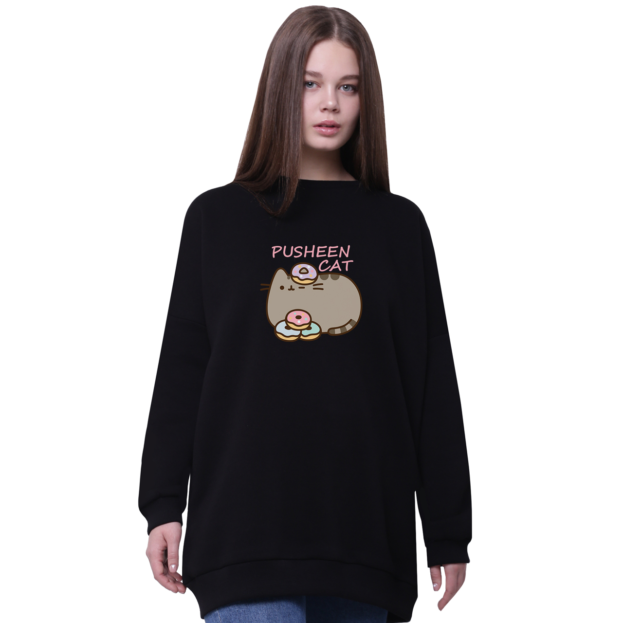 

Свитшот для девочек удлиненный Кот Пушин (Pusheen Cat) Черный (35963-3346-5) 158 см