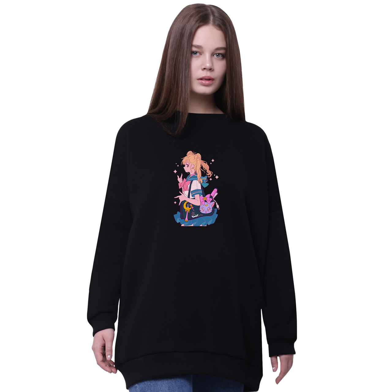 

Свитшот для девочек удлиненный Сейлор Мун (Sailor Moon) Черный (35963-2910-5) 158 см