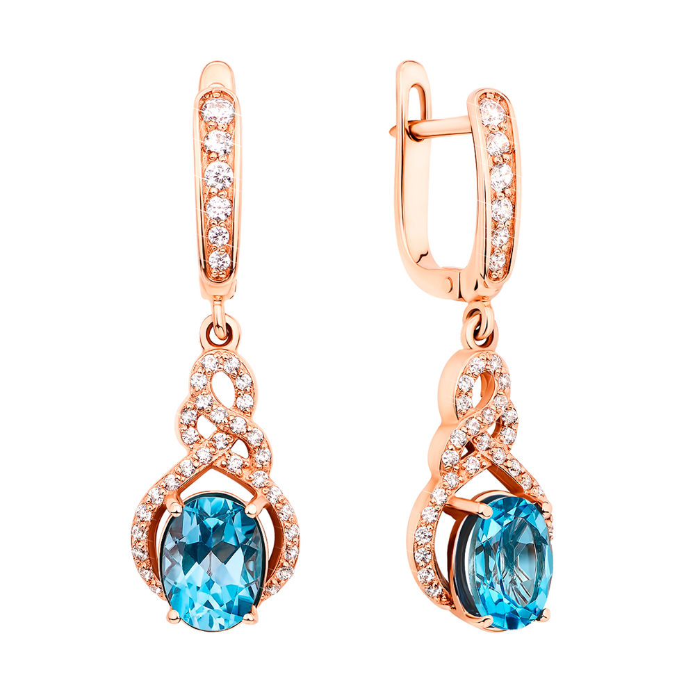 

Серьги-подвески из красного золота с голубым топазом и фианитами 000113495