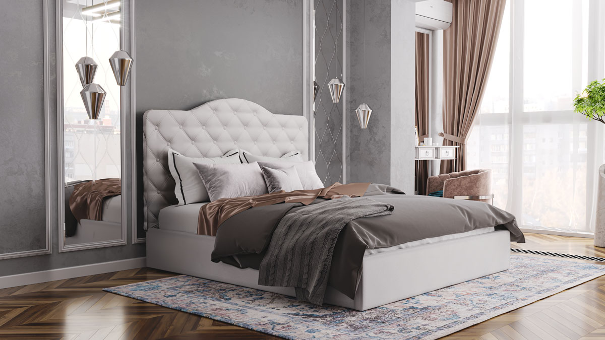 

Кровать двуспальная из ДСП с мягким изголовьем 160x200 Каролина 1 искусственная кожа Flay светло-серый Світ Меблів с металлическим каркасом (без матраса)
