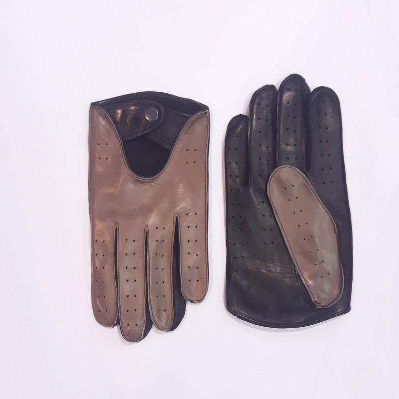 

Мужские перчатки для вождения кожаные GlovesUA мод.275 р.9,5 светлый тауп /черный (шов наружу, без отв)