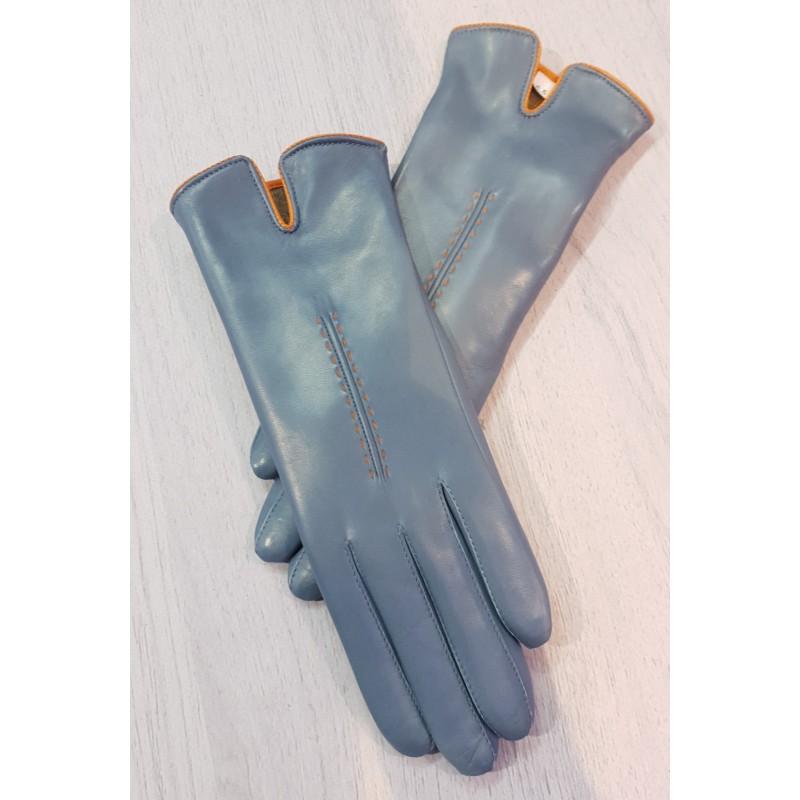 

Женские кожаные перчатки GlovesUA мод.407 р.6,5 голубые без ремешка с оранжевой окантовкой