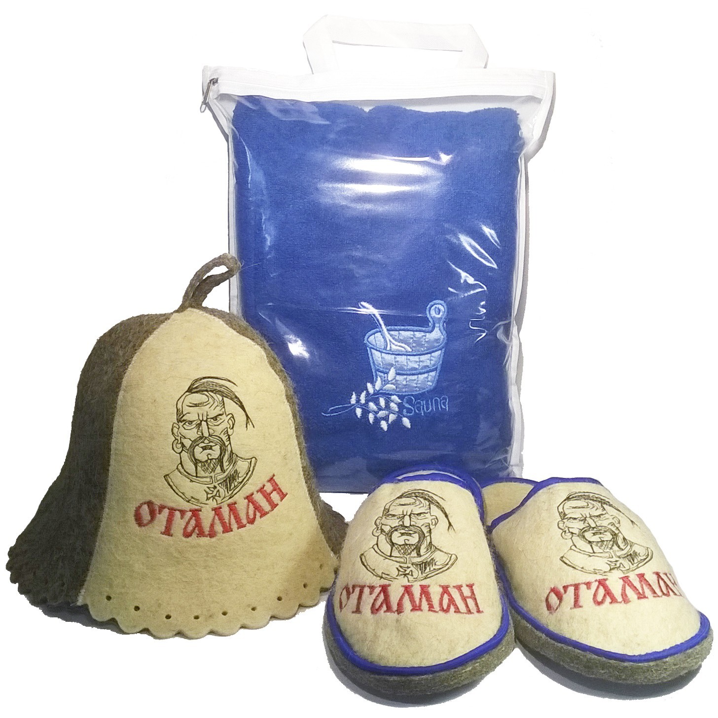 

Набор для бани и сауны Unomag Отаман парео синее шапка тапочки 43-44 в упаковке