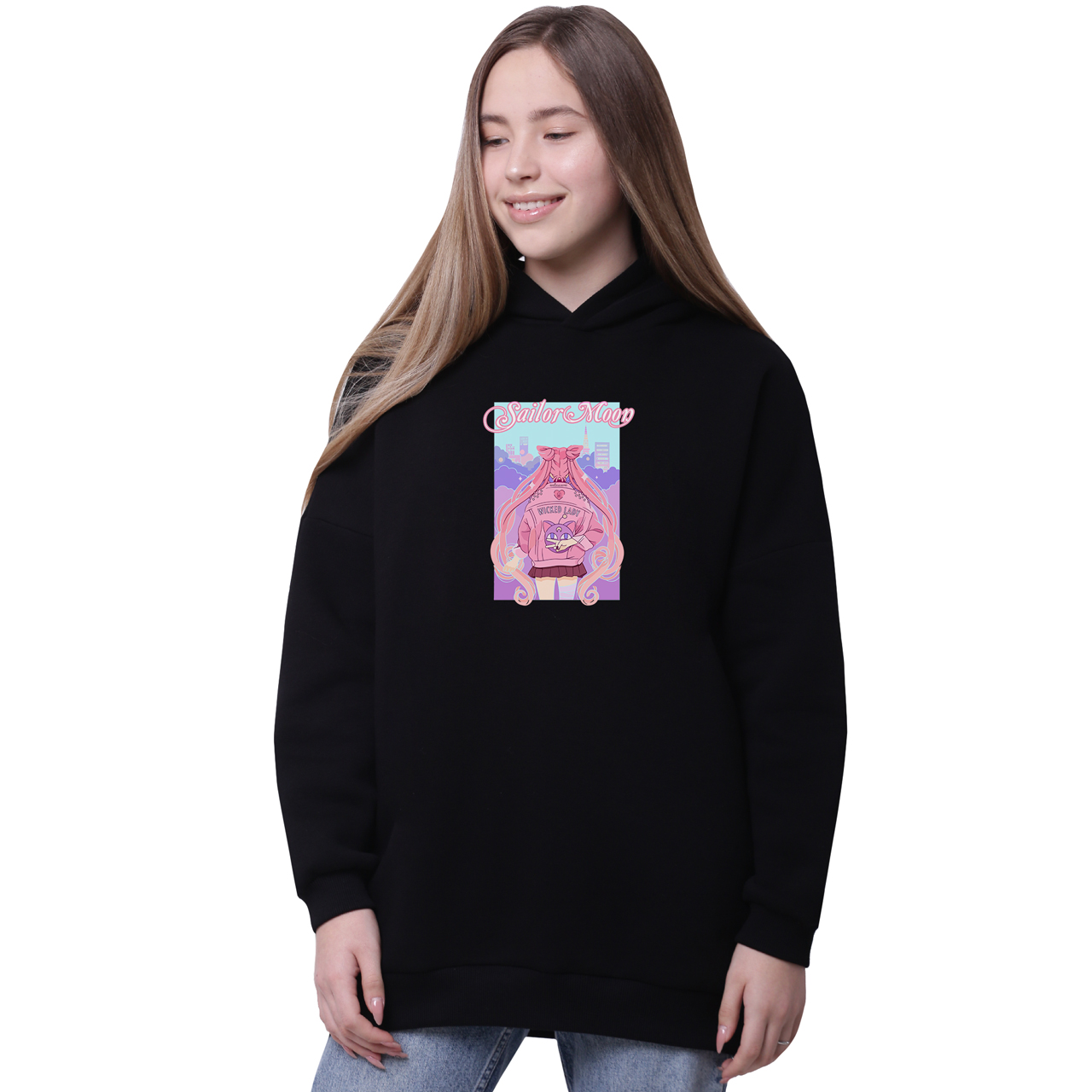 

Худи для девочек удлиненный Сейлор Мун (Sailor Moon) Черный (35962-2913-2) 140 см