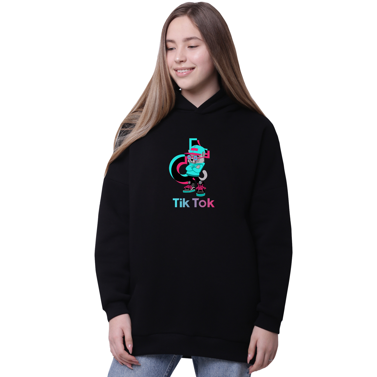 

Худи для девочек удлиненный Кот ТикТок (Cat TikTok) Черный (35962-1644-4) 152 см