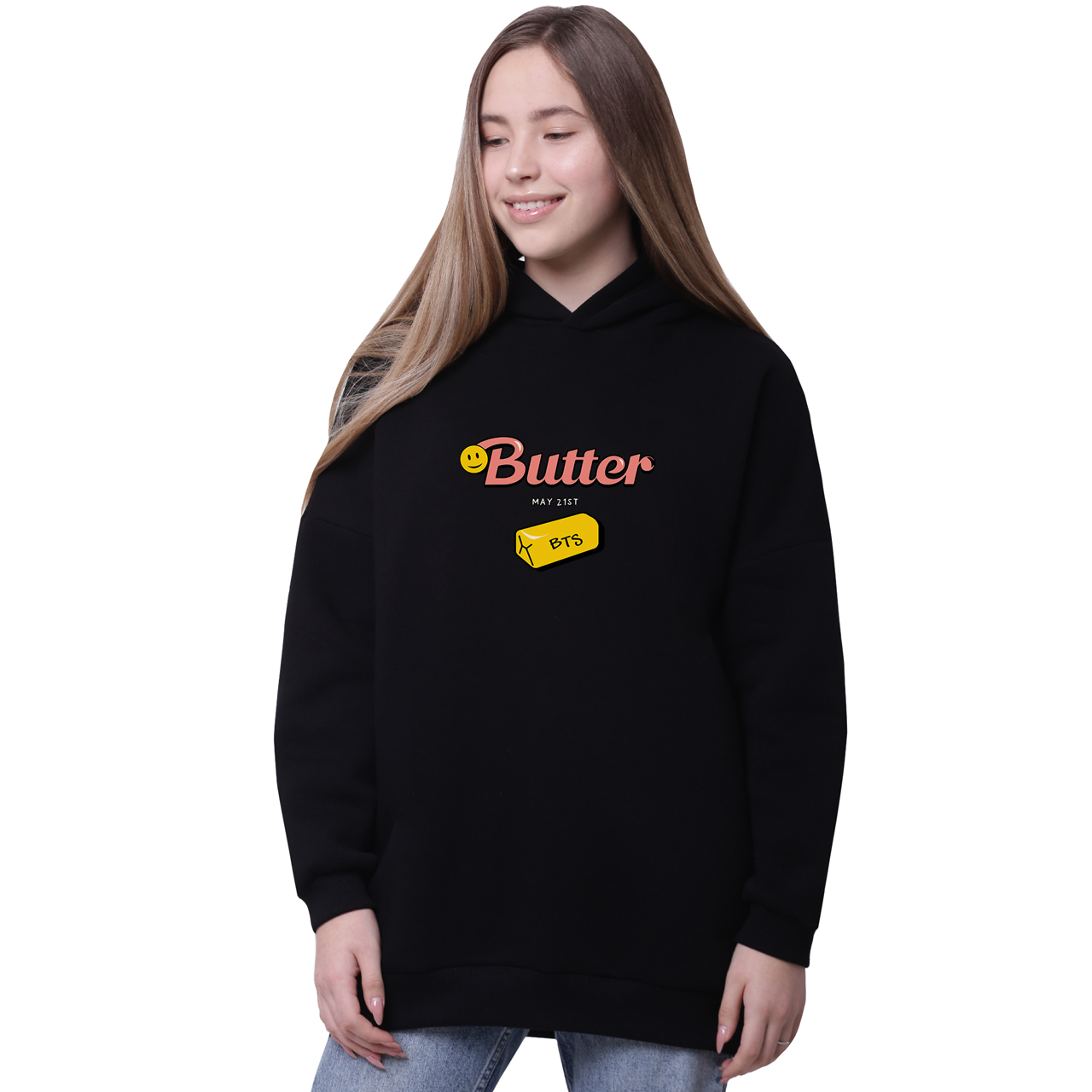 

Худи для девочек удлиненный БТС (Butter BTS) Черный (35962-3257-1) 134 см