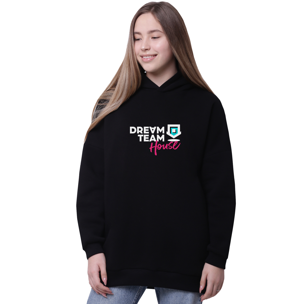 

Худи для девочек удлиненный Тиктокерский дом Дрим Тим Хаус (Dream Team House) Черный (35962-3032-4) 152 см