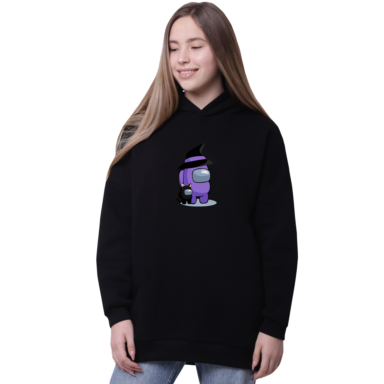 

Худи для девочек удлиненный Амонг Ас Фиолетовый (Among Us Violet) Черный (35962-2423-8) 176 см