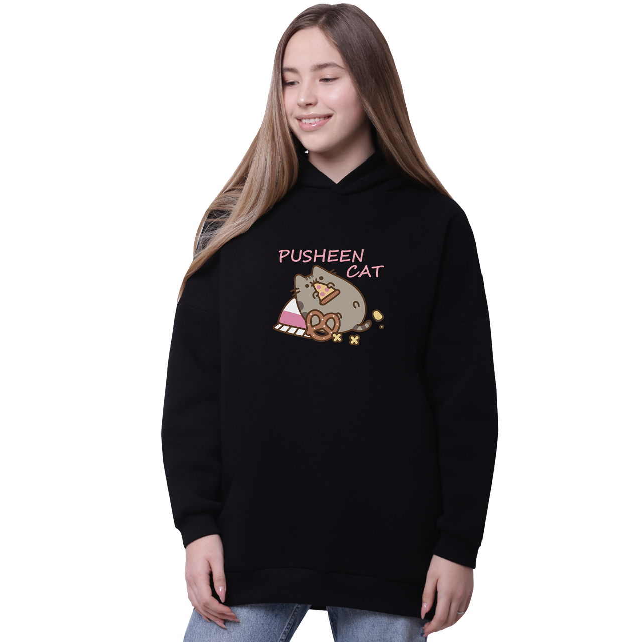 

Худи для девочек удлиненный Кот Пушин (Pusheen Cat) Черный (35962-3347-2) 140 см