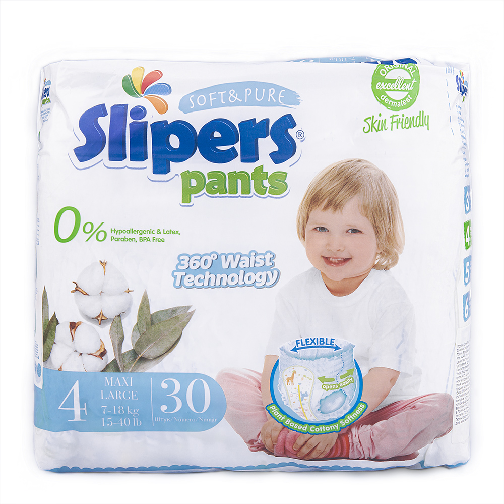 

Подгузники-трусики 4 Large (7-18кг) 30шт Slipers Pants (8682511111202) (PA-204)