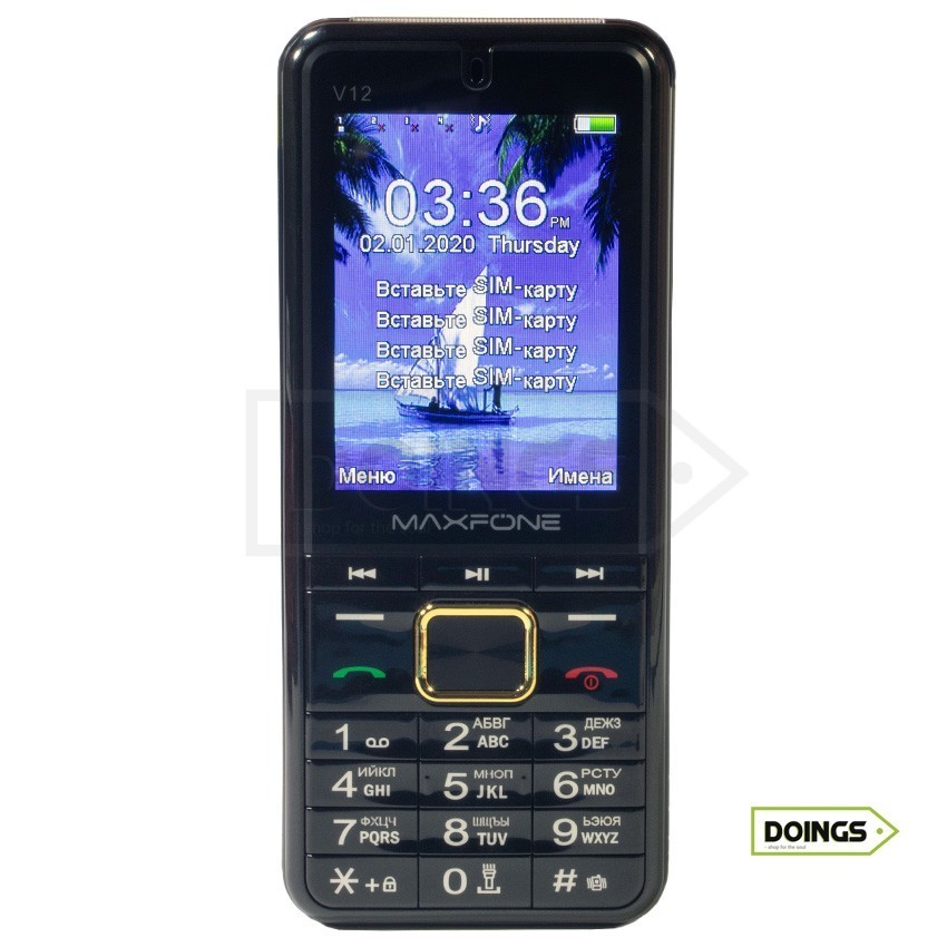 

Мобильный телефон на 4 sim карты - MAXFONE V12 Black, Фонарь, 2,8”, 2000мАч