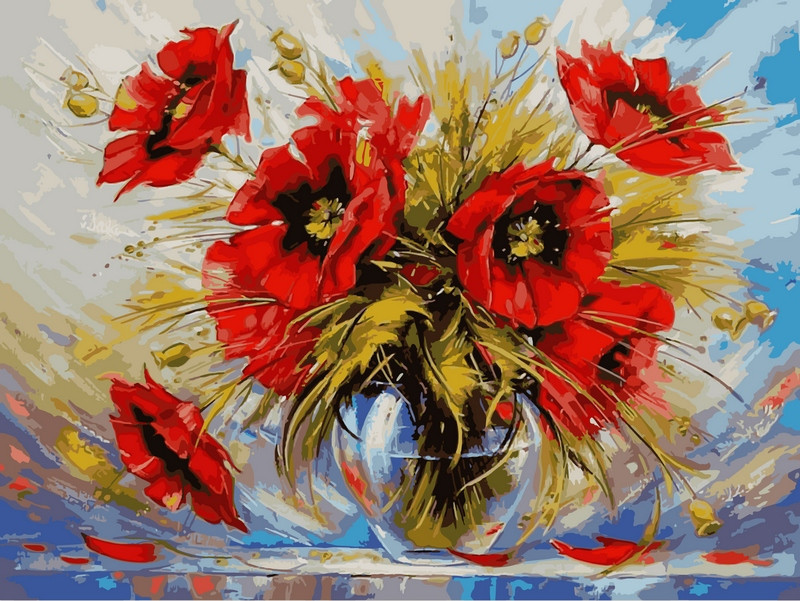 

Маки в стеклянной вазе. Рисование по номерам на холсте. Babylon 30x40