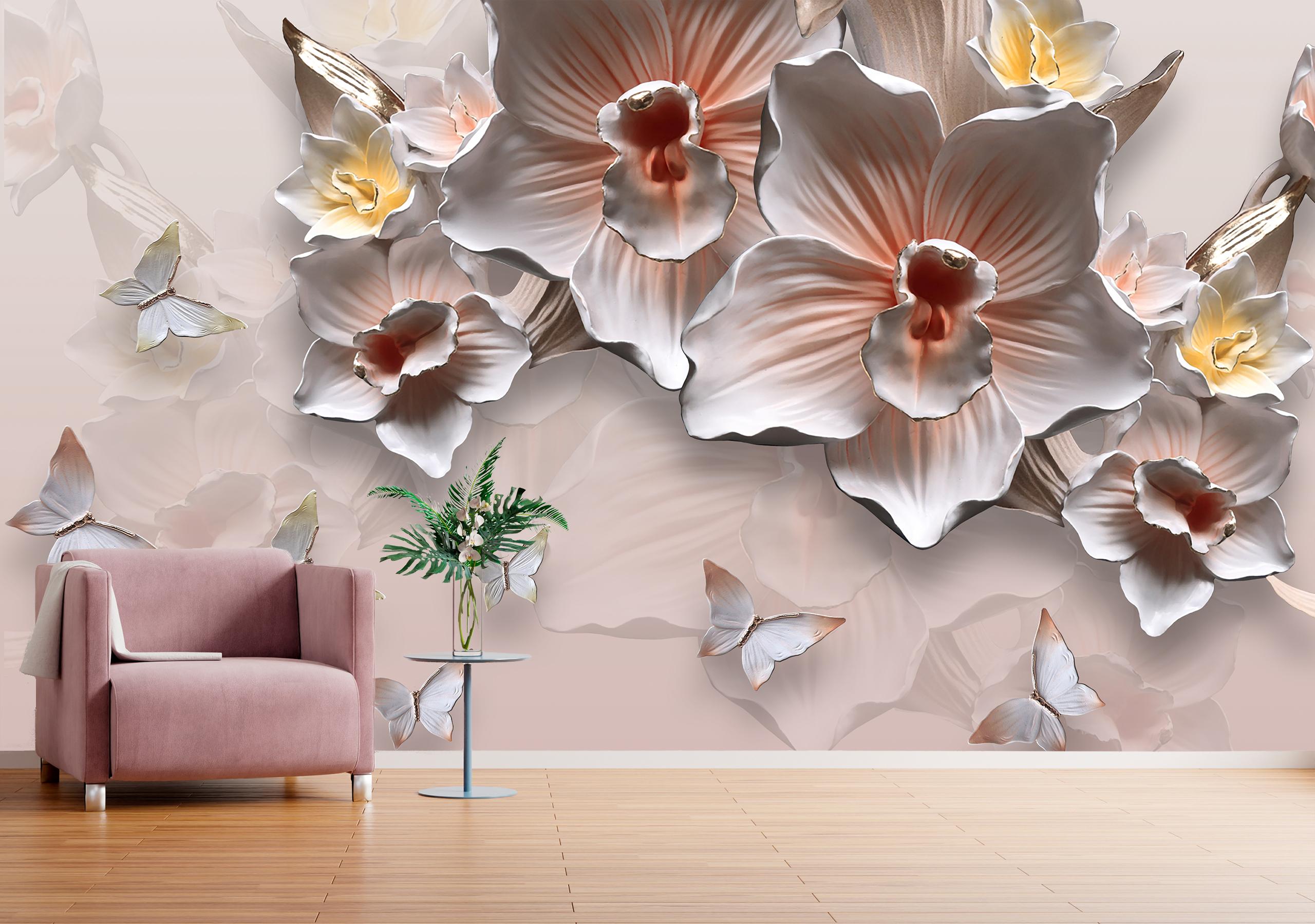 

Виниловые Фотообои Walldeco Орхидеи и бабочки, барельеф 200x130 Деко