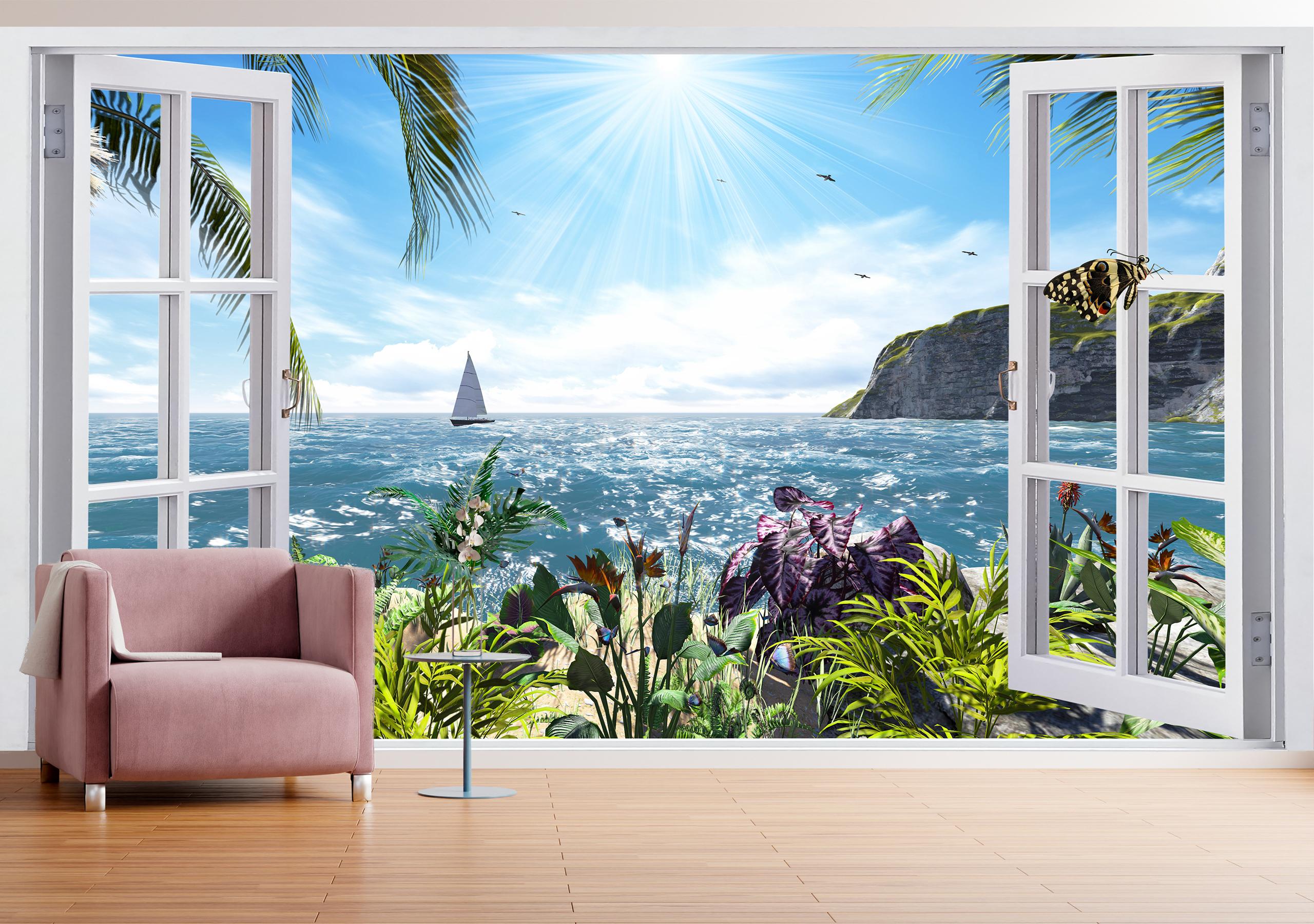 

Виниловые Фотообои Walldeco Вид из окна на море и горы 475x300 Мелкий песок с блестками