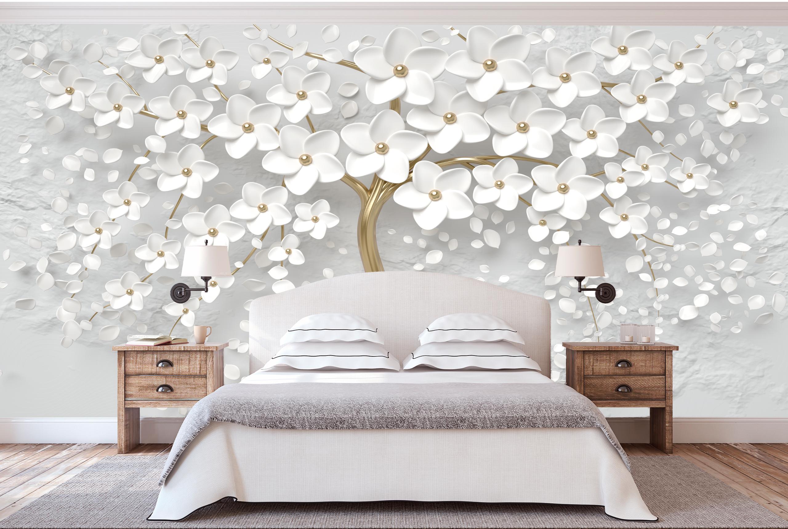 

Флизелиновые Фотообои Walldeco Белые цветы на стене 200x130 Бриз