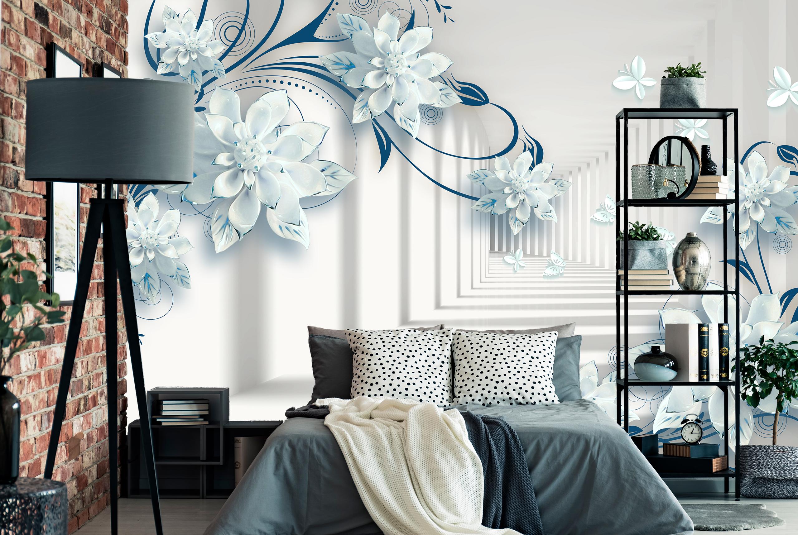 

Виниловые Фотообои Walldeco 3Д коридор и голубые цветы 300x200 Мелкий песок с блестками