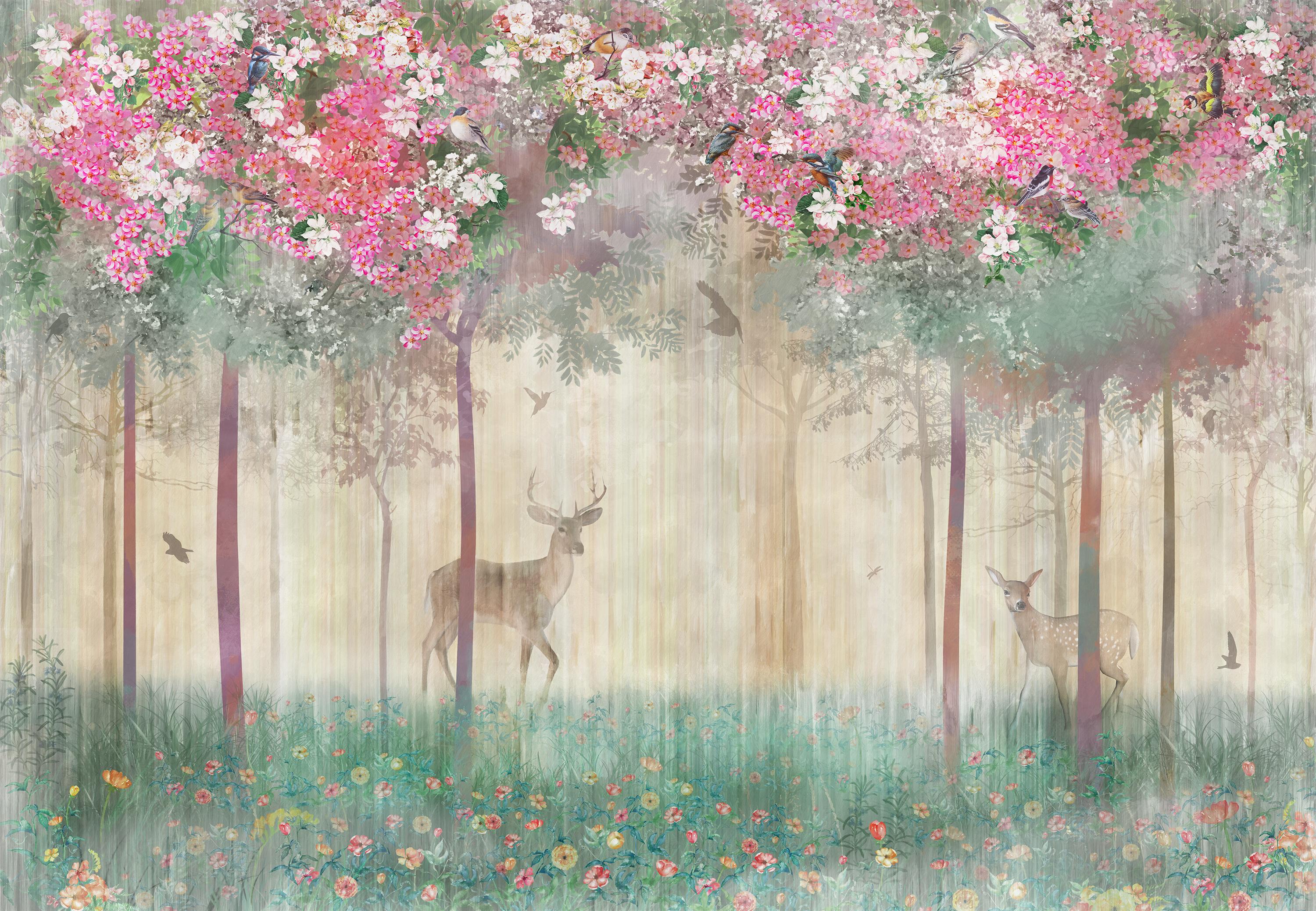 

Флизелиновые Фотообои Walldeco Олени и цветущие деревья 300x200 Бриз