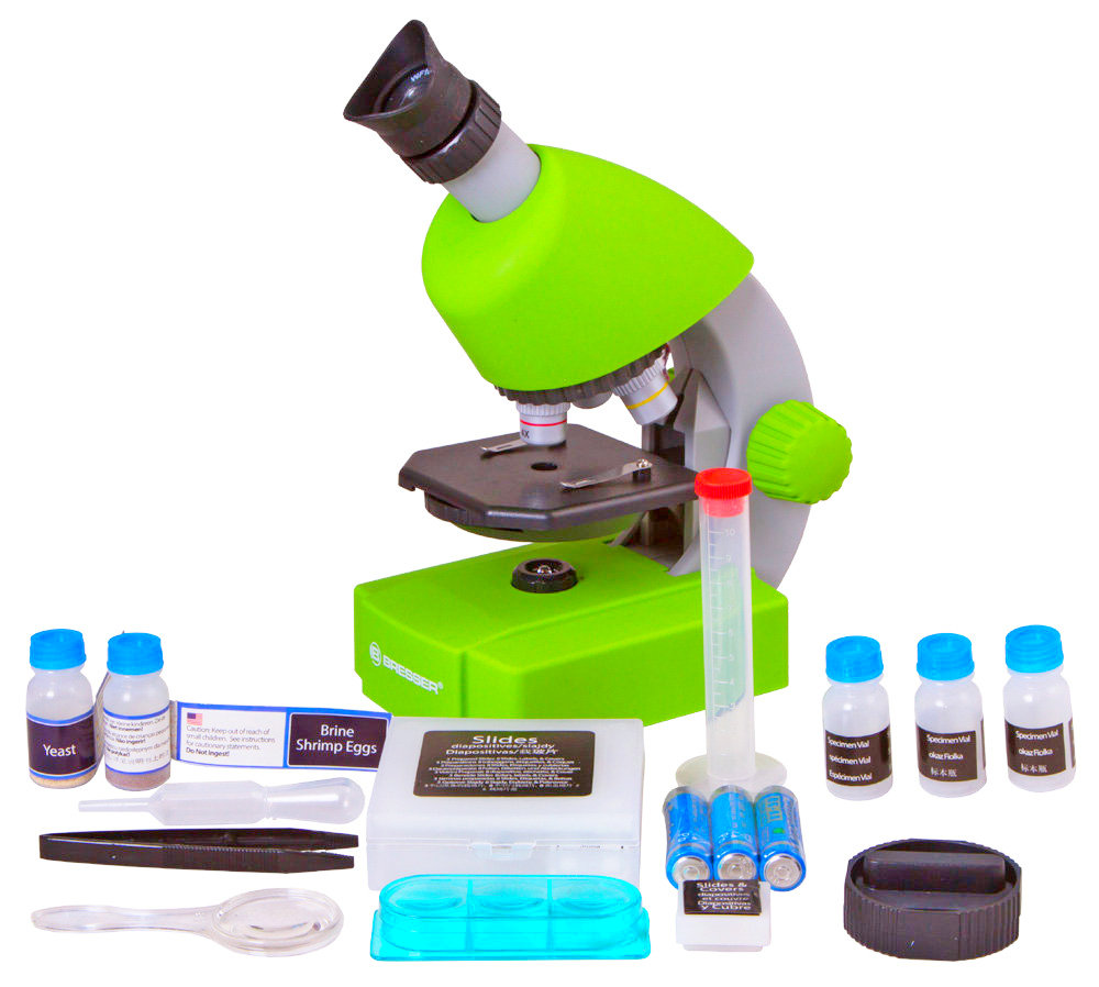 

Микроскоп Bresser Junior 40x-640x Green с набором для опытов и адаптером для смартфона (8851300B4K000)