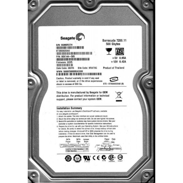 

HDD SATA 500GB Seagate Barracuda 7200.11 7200rpm 16MB (ST3500620AS) Refurbished