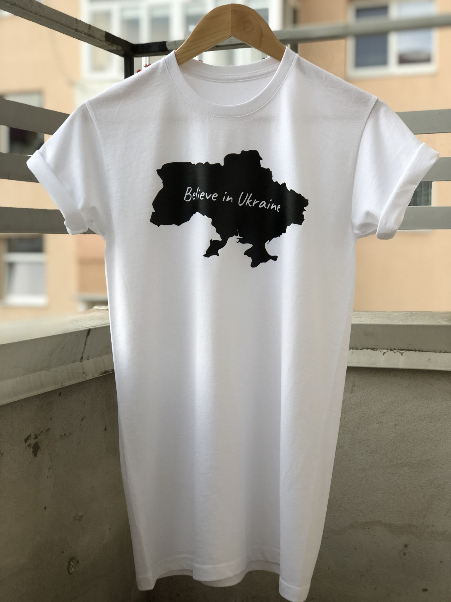 

Чоловіча хлопкова футболка Kozache з принтом Ukrainian map Belive in Ukraine XXL біла