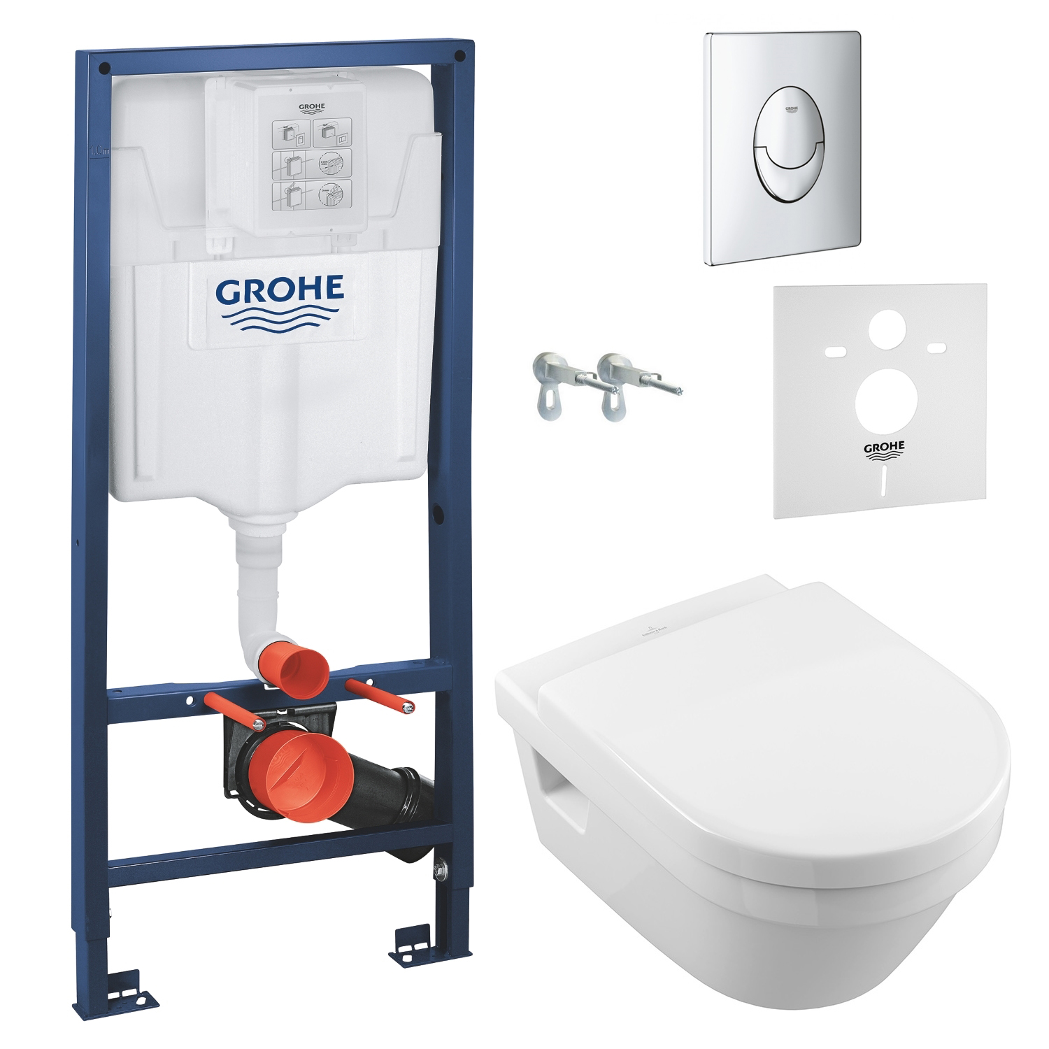 

Комплект инсталляции GROHE Rapid SL кнопка хром безободковый унитаз VILLEROY&BOCH с крышкой микролифт дюропласт 5684HR01+38721001+37131000