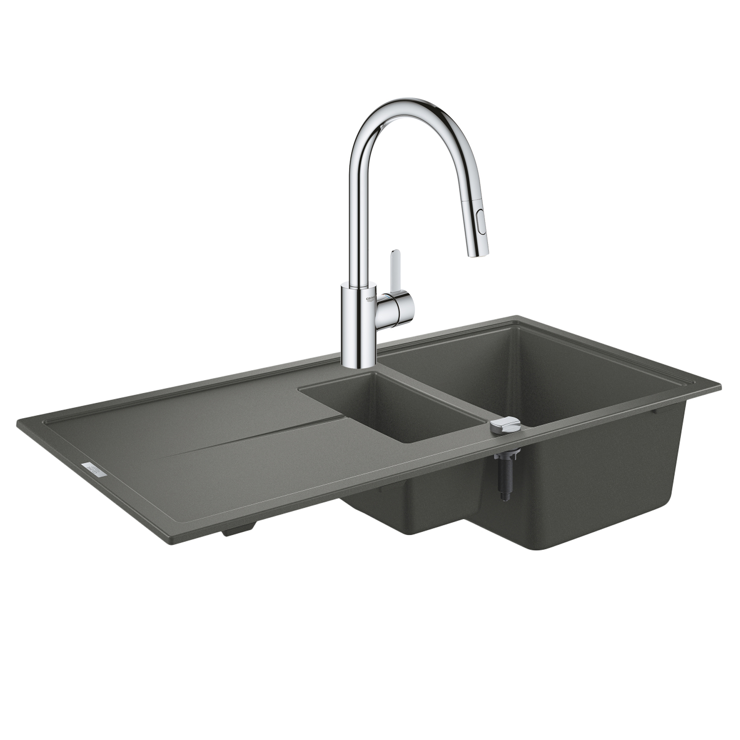 

Раковина на кухню композитная прямоугольная GROHE K400 Eurosmart Cosmopolitan 500мм x 1000мм серый на полторы чаши с сифоном в комплекте 31642AT0+31481001 31642AT031481001