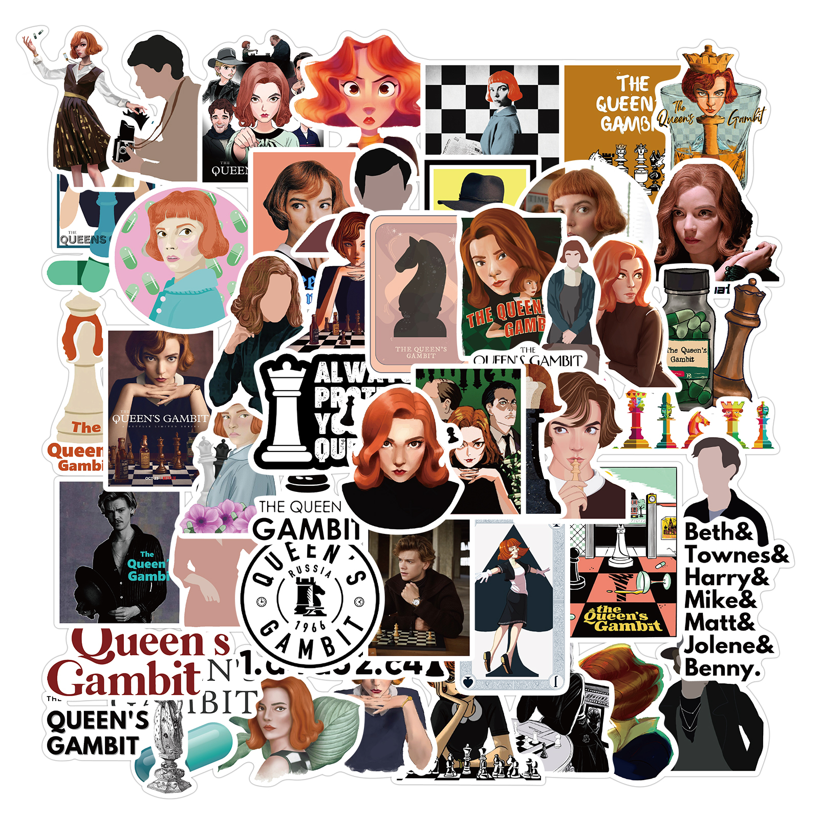 

Набор наклеек stickers Сериал Ход Королевой - 50 шт. | The Queen's Gambit - Водостойкие стикеры для оклеивания