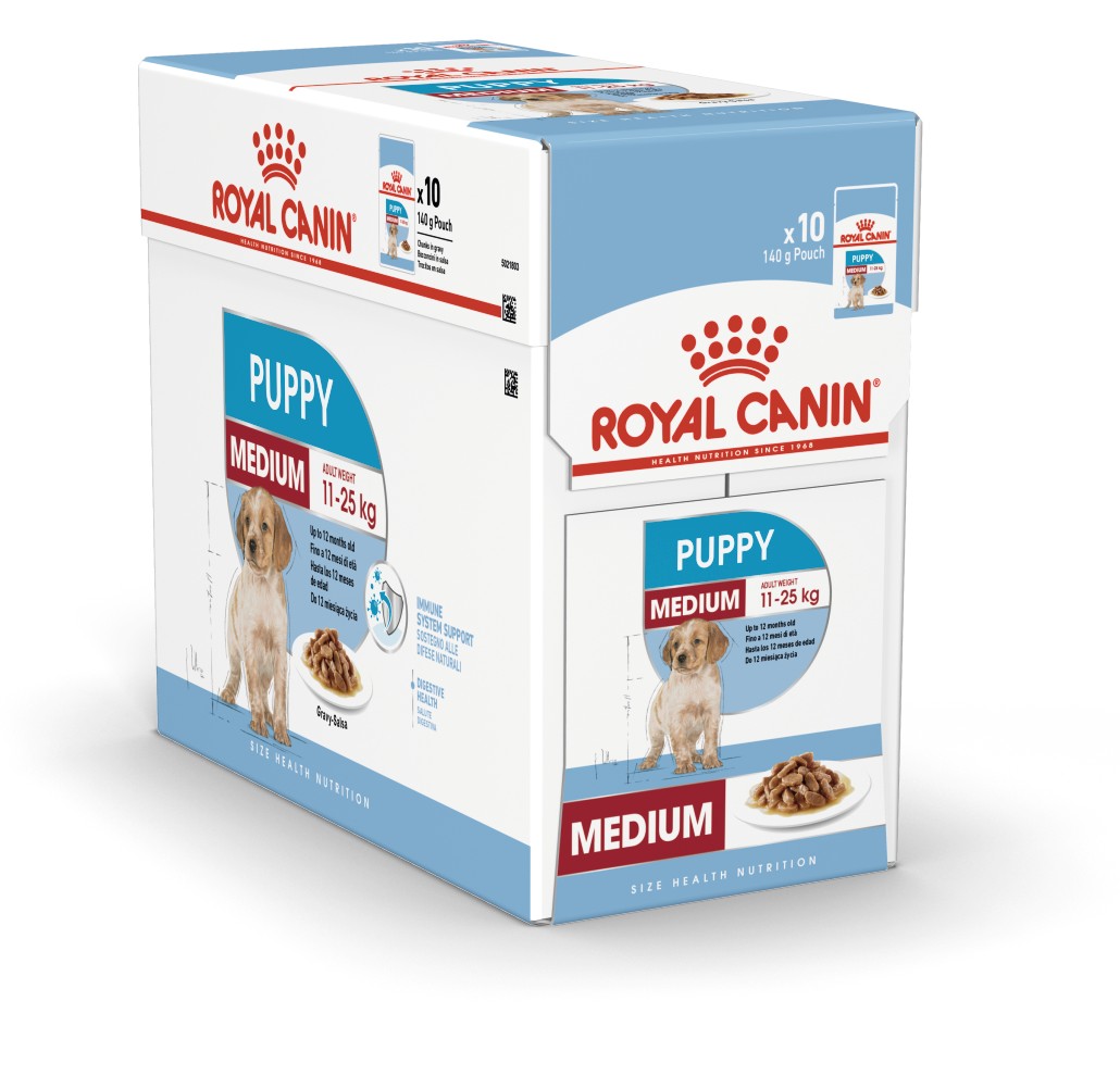 

Royal Canin Medium Puppy кусочки в соусе Влажный корм для щенков средних размеров весом взрослой собаки от 11 до 25 кг в возрасте до 12 месяцев Блок паучей 10 штук по 140 г