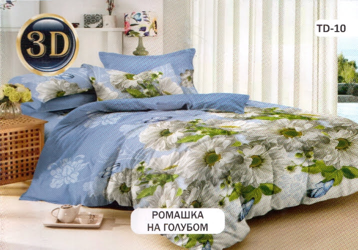 

Постельное белье комплект из Бязи "Ромашка на голубом". Размер Двуспальный, простынь на Резинке, для Евро подушки (TIR_2089-355 2/R-EP)