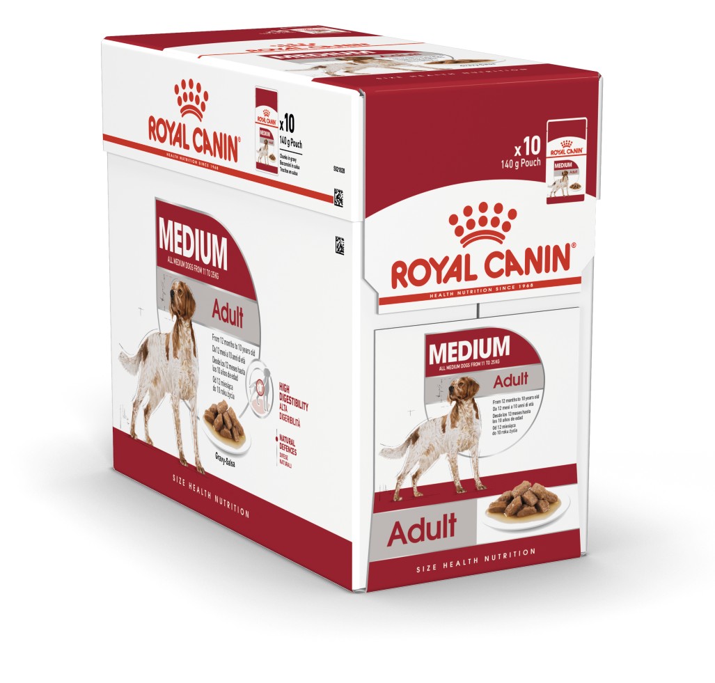 

Royal Canin Medium Adult кусочки в соусе Корм для взрослых собак средних размеров, весом от 11 до 25 кг, в возрасте от 12 месяцев до 10 лет. Блок паучей 10 штук по 140 г