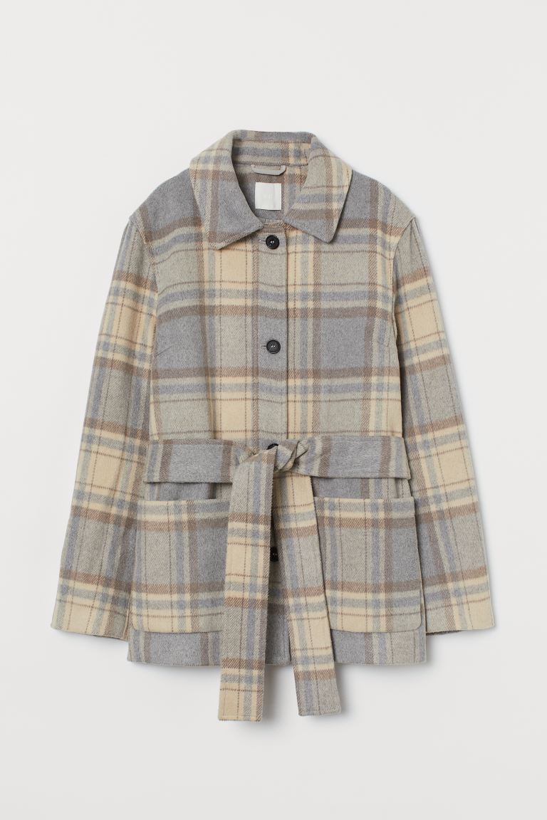 

Куртка с поясом H&M  Светло-серый меланж/Клетка, Куртка с поясом H&M XL Светло-серый меланж/Клетка
