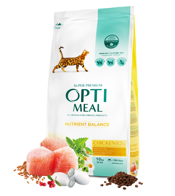 

Полнорационный сухой корм для взрослых котов с мясом курицы Opti Meal 10 кг