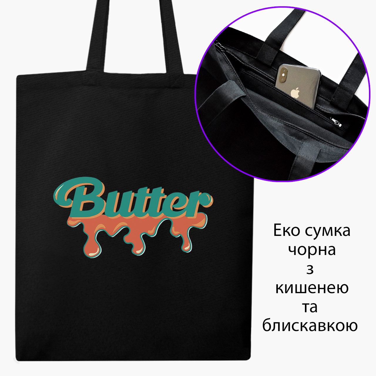 

Эко сумка шоппер на молнии Butter БТС (BTS) (9227-3267) 41x35 см Черный