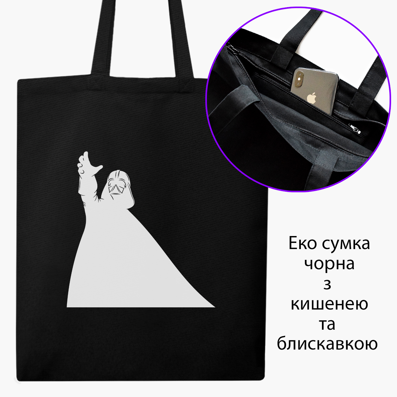 

Эко сумка шоппер на молнии Дарт Вейдер Звездные Войны (Darth Vader Star Wars) (9227-2045) 41x35 см Черный
