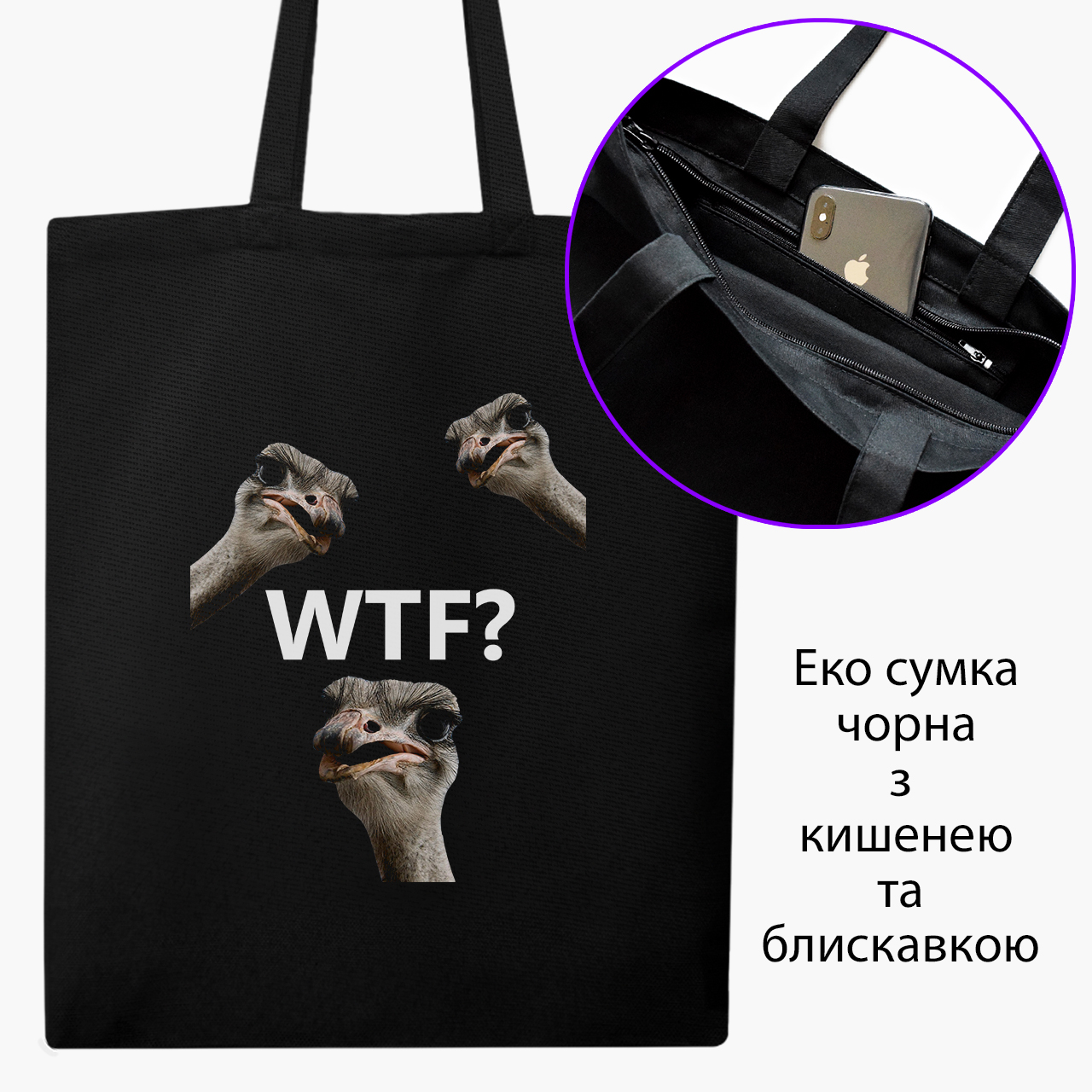 

Эко сумка шоппер на молнии Птицы СВЭГ (Birds SWAG) (9227-1540) 41x35 см Черный