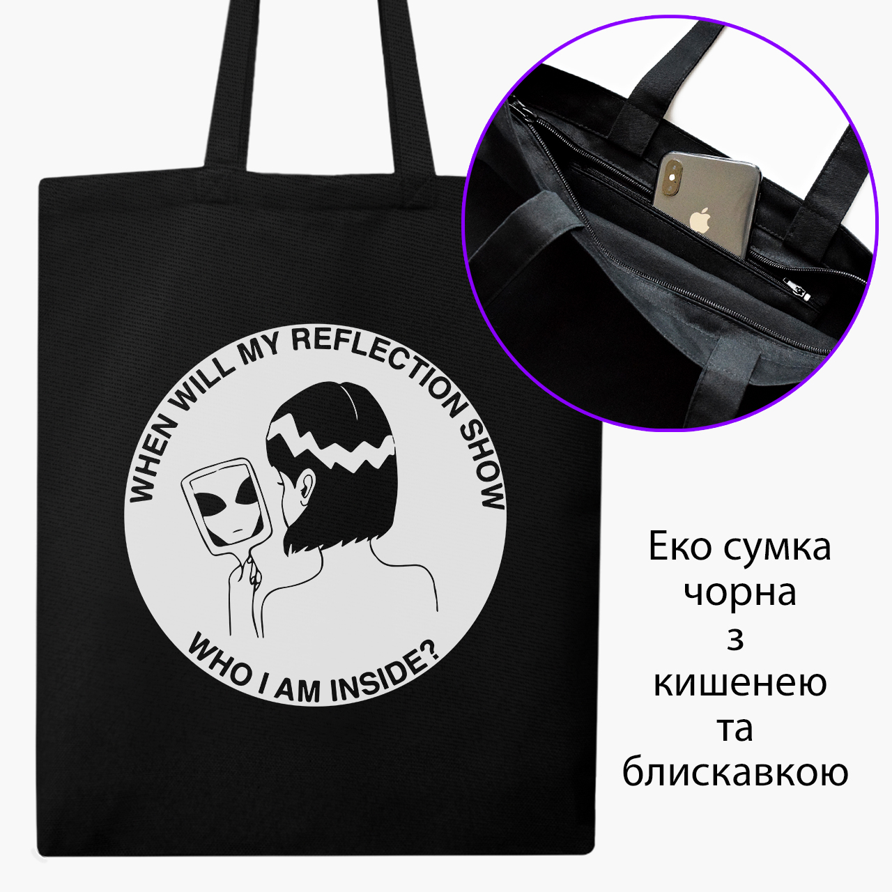 

Эко сумка шоппер на молнии Why I am inside (9227-2847) 41x35 см Черный