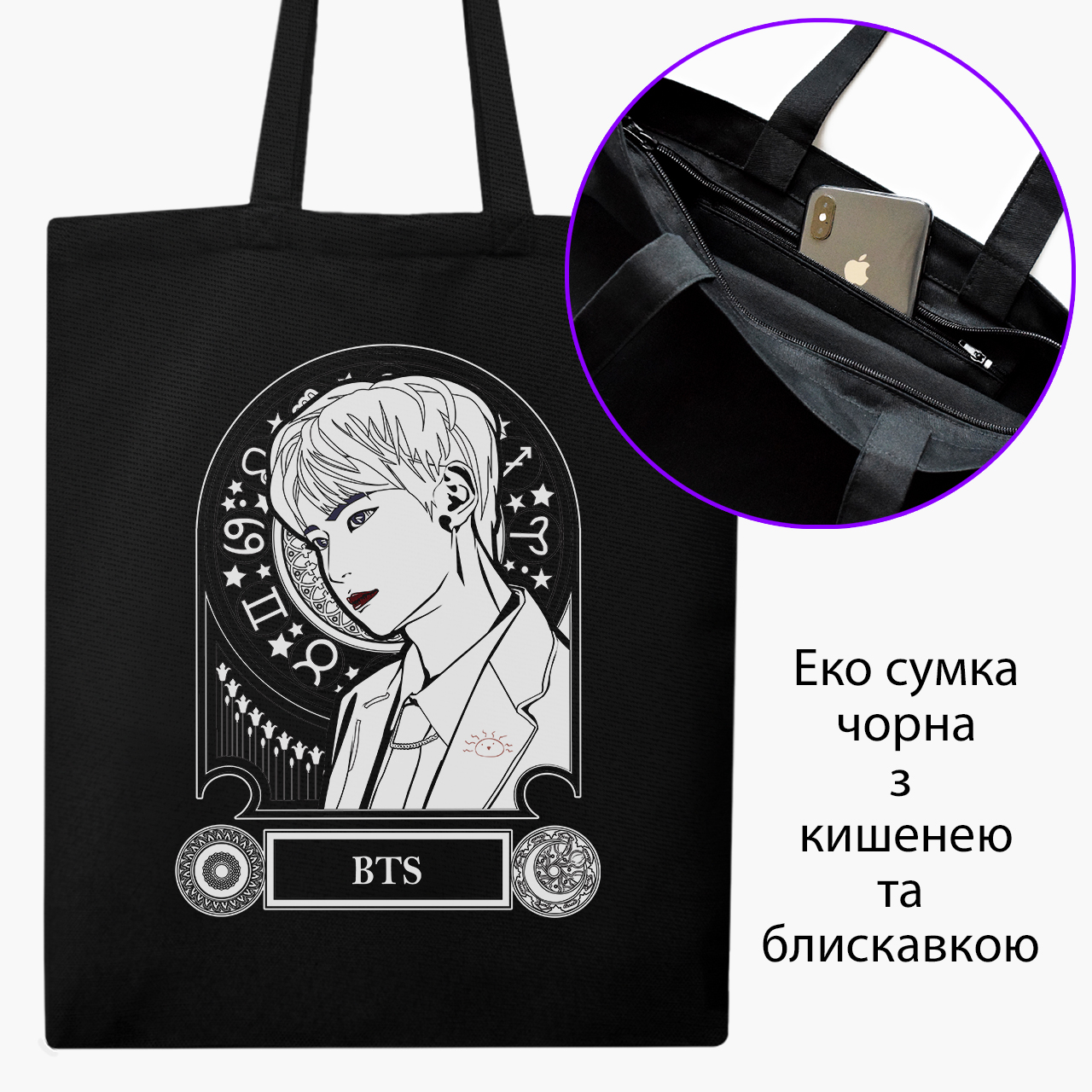

Эко сумка шоппер на молнии Чон Хосок БТС (Jung Ho-seok BTS) (9227-3279) 41x35 см Черный