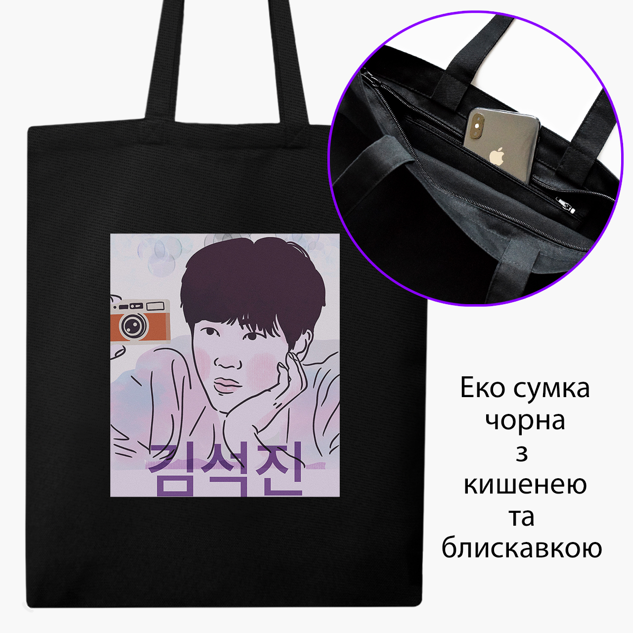 

Эко сумка шоппер на молнии Ким Сокчин БТС (Kim Seok Jin BTS) (9227-3259) 41x35 см Черный