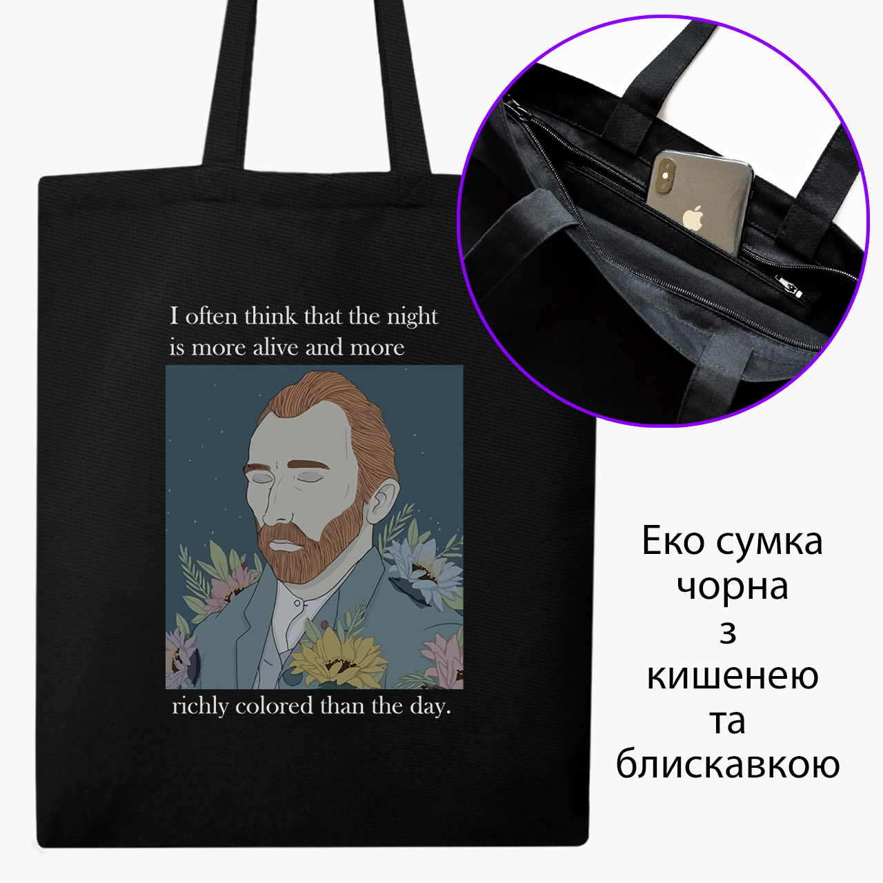 

Эко сумка шоппер на молнии Винсент Ван Гог (Vincent van Gogh) (9227-2962) 41x35 см Черный