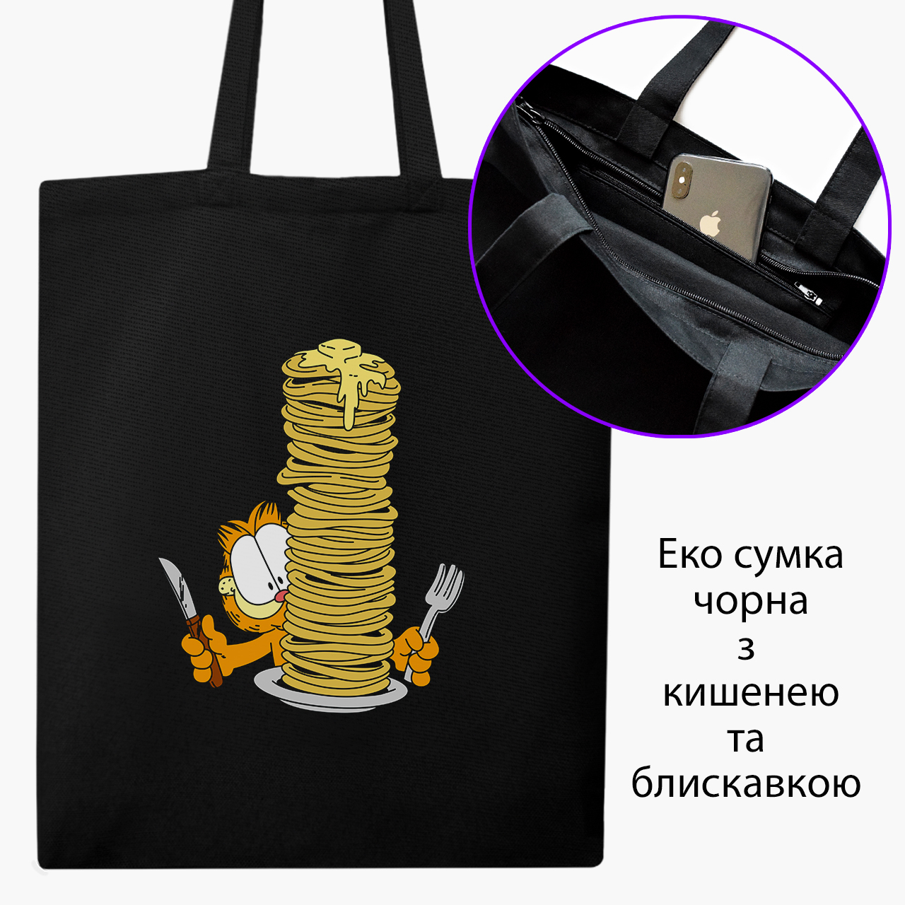 

Эко сумка шоппер на молнии Гарфилд (9227-2042) 41x35 см Черный