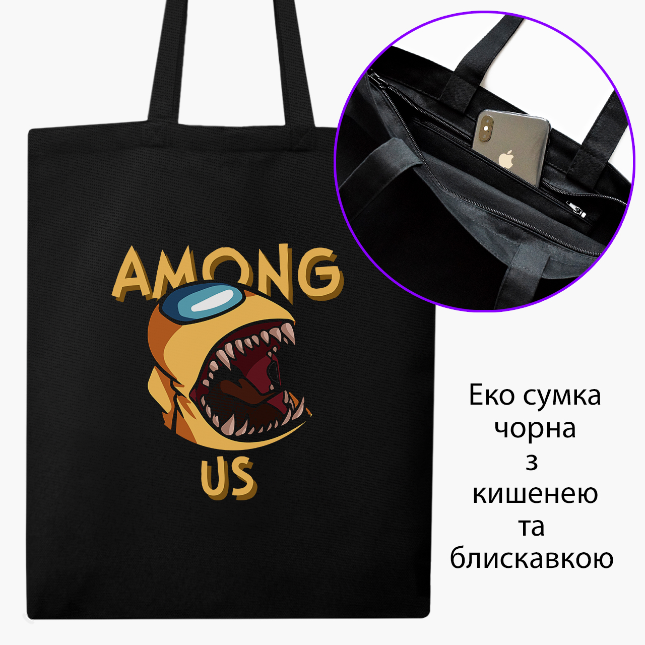 

Эко сумка шоппер на молнии Амонг Ас Желтый (Among Us Yellow) (9227-2409) 41x35 см Черный