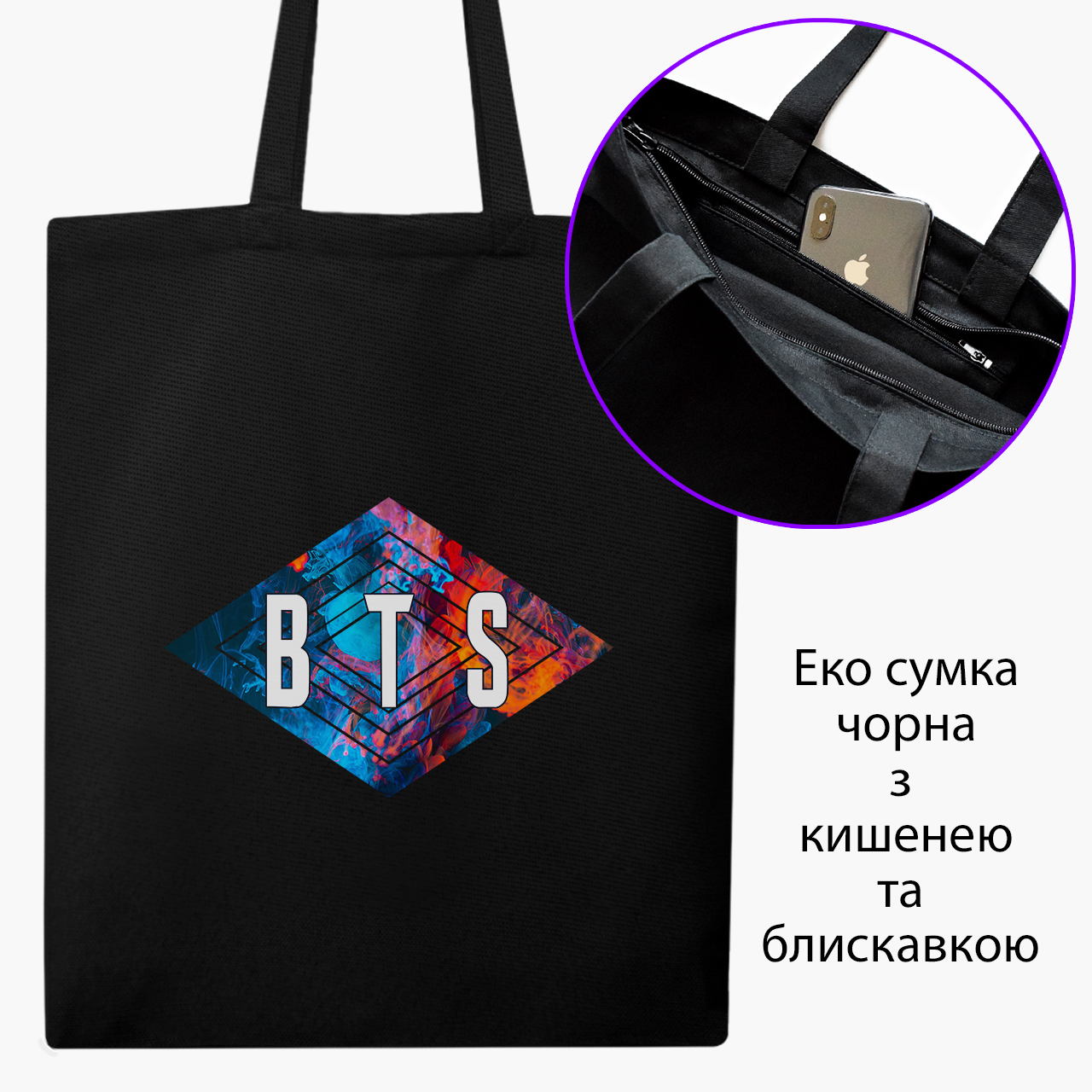 

Эко сумка шоппер на молнии БТС (BTS) (9227-1062) 41x35 см Черный