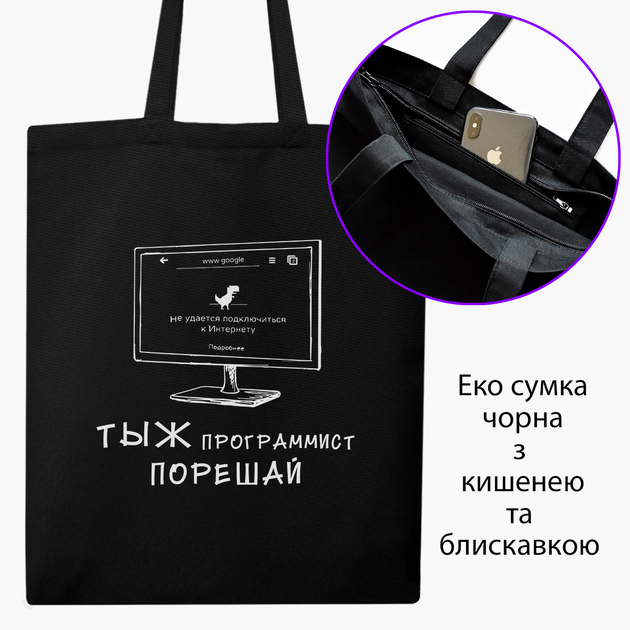 

Эко сумка шоппер на молнии Прикольные Надписи (Cool Lettering) (9227-1546) 41x35 см Черный