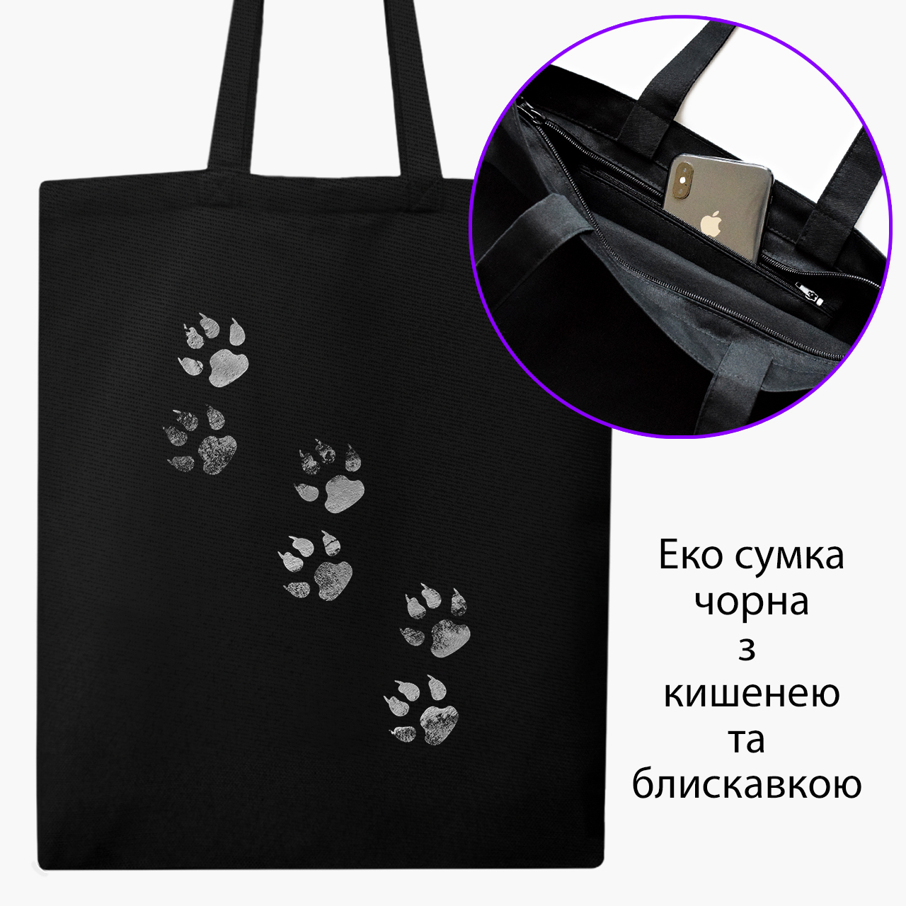 

Эко сумка шоппер на молнии Лапки (Paws) (9227-1755) 41x35 см Черный