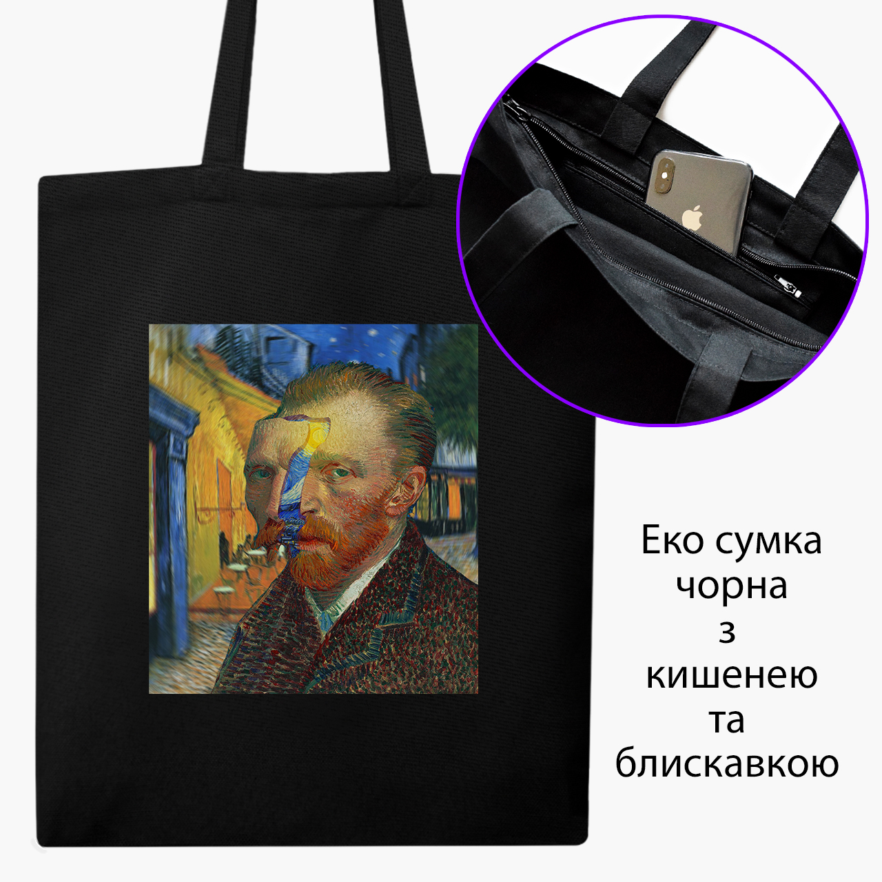 

Эко сумка шоппер на молнии Винсент Ван Гог (Vincent van Gogh) (9227-2968) 41x35 см Черный