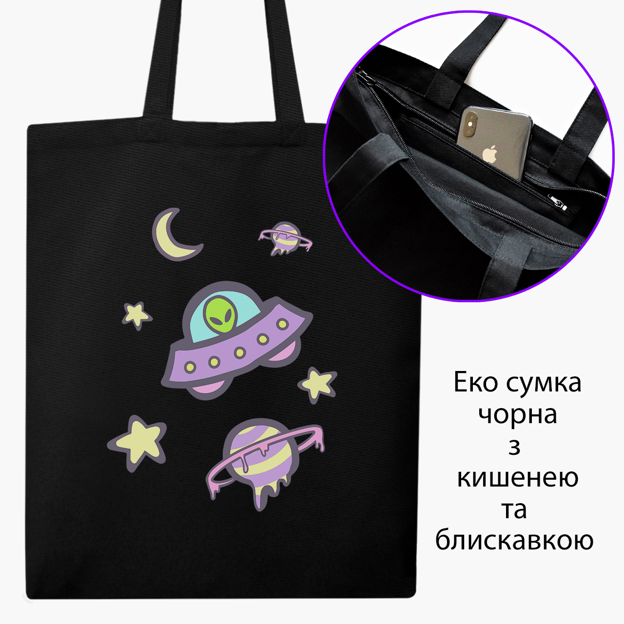 

Эко сумка шоппер на молнии Инопланетяне в космосе (9227-2854) 41x35 см Черный